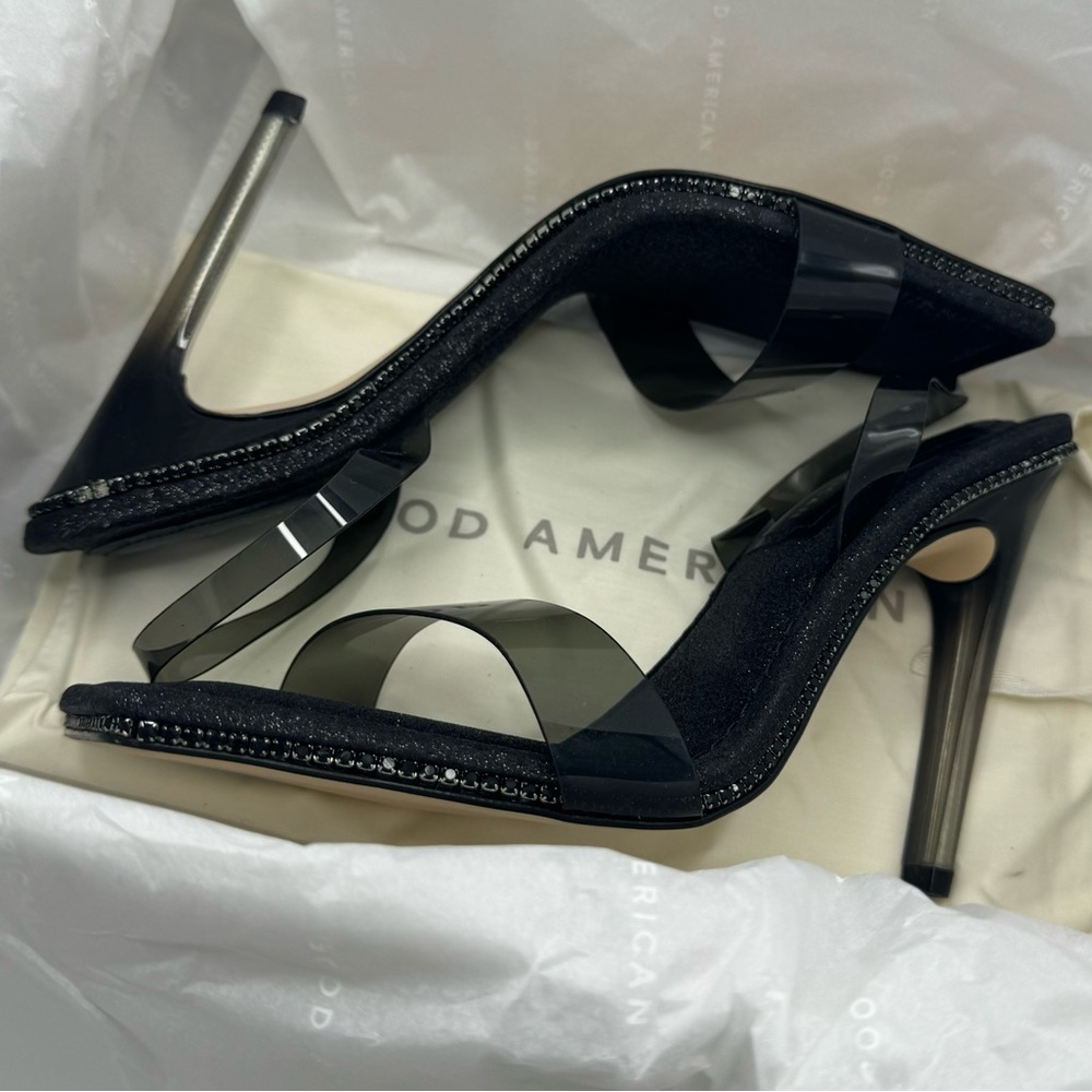 GOOD AMERICAN Black Crystal Crush Lucite Sandal Size 8.5 Black Glitter New - Picture 10 of 11